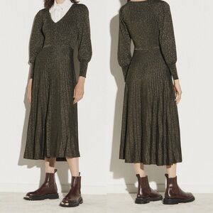 Sandro Black and Gold Metallic Aure Ribbed Knit Balloon Sleeve Midi Dress